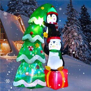 7FT Inflatable Christmas Tree Penguin Clearance, Built-in Rotating Colorful Led